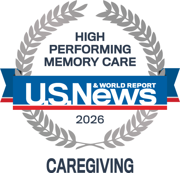 U.S. News 2026 High Performing Memory Care award badge celebrating the community's excellence in caregiving.