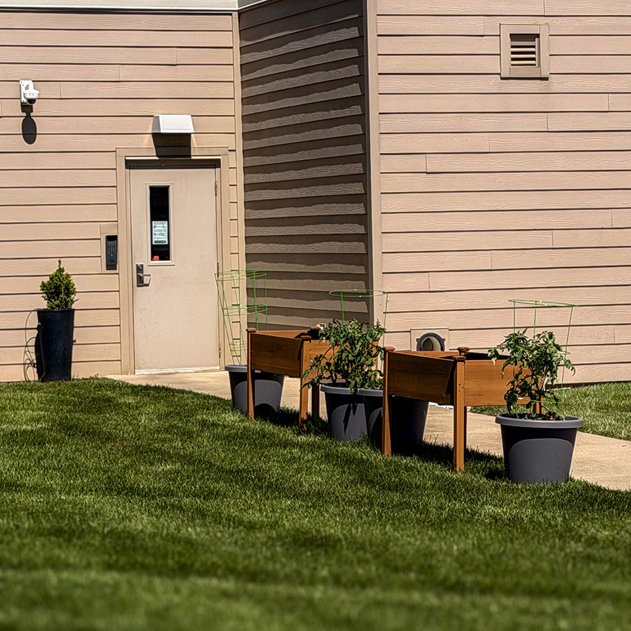 Planters line a walkway outside the Township Senior Living.